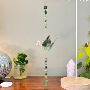 Origami Ornament #2348 - Large Crane with Glass & Stone Beads